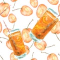 Watercolor pattern from a set of fruit - peach, apricot, yellow plum, cherry plum.drawing of a drink, juice, cocktail with  aprico Royalty Free Stock Photo