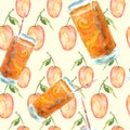 Watercolor pattern from a set of fruit - peach, apricot, yellow plum, cherry plum.drawing of a drink, juice, cocktail with  aprico Royalty Free Stock Photo