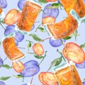 Watercolor pattern from a set of fruit - peach, apricot, yellow plum, cherry plum.drawing of a drink, juice, cocktail with  aprico Royalty Free Stock Photo