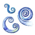 Watercolor pattern set of three ornamental, curlicues, for winter New Year decoration, decoration on white background