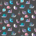 Watercolor pattern with snails on a dark background