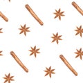 Watercolor pattern of spices cinnamon on a white background