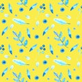 Watercolor pattern with watercolor sprigs, leaves and flowers on a colored background Royalty Free Stock Photo