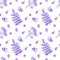 Watercolor pattern with watercolor sprigs, leaves and flowers on a colored background Royalty Free Stock Photo