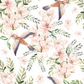 Watercolor pattern with spring flowers, eucalyptus leaves and birds .