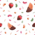 Watercolor pattern of strawberries and oranges in chocolate.