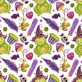 Watercolor pattern, sweets, magic frog, mushrooms, feather, book on white background. For various products, wrapping etc