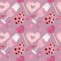 Watercolor pattern, sweets for valentine day, birthday or wedding.Champagne, donut, cookie, candy, lollipop and hearts. Royalty Free Stock Photo