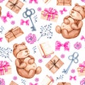 Watercolor pattern with teddy bears, gifts, bows, keys