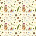 Watercolor pattern with a tiger pulling a sled with gifts. New Years pattern with a striped tiger in a santa hat and a scarf. Cute