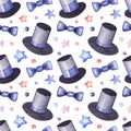 Watercolor pattern with top hats, bow ties on white background for boys and gentlemen Royalty Free Stock Photo