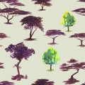Watercolor pattern with tree silhouettes. Hand painting. Watercolor. Seamless pattern for fabric, paper and other