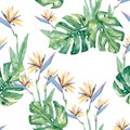 Watercolor pattern tropical floral with green leaves and flowers. Greenery illustration for the textille print