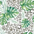 Watercolor pattern tropical floral with green leaves and greenery on animal skin. Illustration for the textille print Royalty Free Stock Photo