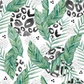 Watercolor pattern tropical floral with green leaves and leopard skin. Greenery abstract doodle art illustration for the textille Royalty Free Stock Photo