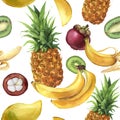 Watercolor pattern with tropical fruit. Hand painted pineapple, bananas, mangosteen, mango, kiwi on white background Royalty Free Stock Photo