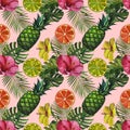 Watercolor pattern with tropical palm leaves, bananas, pineapples, flowers. Seamless pattern Royalty Free Stock Photo