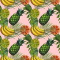 Watercolor pattern with tropical palm leaves, bananas, pineapples, flowers. Seamless pattern Royalty Free Stock Photo