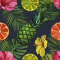 Watercolor pattern with tropical palm leaves, bananas, pineapples, flowers. Seamless pattern