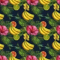 Watercolor pattern with tropical palm leaves, bananas, pineapples, flowers. Seamless pattern Royalty Free Stock Photo