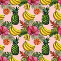 Watercolor pattern with tropical palm leaves, bananas, pineapples, flowers. Seamless pattern Royalty Free Stock Photo