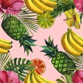 Watercolor pattern with tropical palm leaves, bananas, pineapples, flowers. Seamless pattern Royalty Free Stock Photo