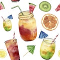 Watercolor pattern with tropicalcocktail, exotic fruit. Hand painted summer drink in jar, orange, kiwi and watermelon Royalty Free Stock Photo