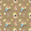 Watercolor pattern of tulips and daffodils basket, bird house, rabbit and pussy willow. Happy Easter background