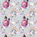 Watercolor pattern with unicorns and fairy tale decor. Hand painted magic horses, castle, rainbow, clouds, stars