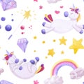 Watercolor pattern of unicorns and rainbow.