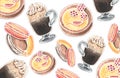 Watercolor pattern of Viennese coffee glasses and desserts.