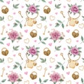 Watercolor pattern wih pink roses and golden locks and keys. Romantic background. Valenine`s Day love pattern. Royalty Free Stock Photo