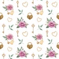 Watercolor pattern wih pink roses and golden locks and keys. Romantic background. Valenine`s Day love pattern. Royalty Free Stock Photo