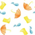 Watercolor pattern with yellow rain, umbrella, rainbow, raindrops . Royalty Free Stock Photo