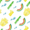 Watercolor pattern with yellow rain, umbrella, rainbow, raindrops . Royalty Free Stock Photo