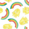 Watercolor pattern with yellow rain, umbrella, rainbow, raindrops . Royalty Free Stock Photo