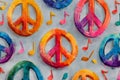 Watercolor peace signs and musical notes create a vibrant pattern, symbolizing unity, love, and the power of music Royalty Free Stock Photo