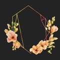 Watercolor peach freesia flowers geometric stylish frame