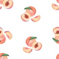 Watercolor peach fruit seamless pattern on white Royalty Free Stock Photo