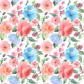 Watercolor peach and gentle blue flowers seamless pattern. Abstract painting background.