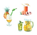 Watercolor peach ice cocktail, pineapple ice cocktail, Pitcher of lemonade Royalty Free Stock Photo