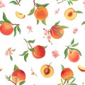 Watercolor peach seamless pattern, tropic fruits, leaves, flowers texture. background illustration