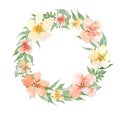 Watercolor peaches flowers wreath. Gentle design peach flowers templates for wedding design, invitation, postcards