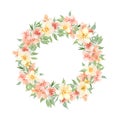 Watercolor peaches flowers wreath. Gentle design peach flowers templates for wedding design, invitation, postcards