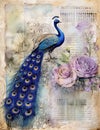 watercolor of peacock bird, Journal page retro vintage and romanticism with floral garden and old torn paper, Royalty Free Stock Photo