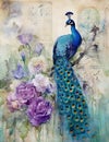watercolor of peacock bird, Journal page retro vintage and romanticism with floral garden and old torn paper,