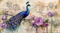 watercolor of peacock bird, Journal page retro vintage and romanticism with floral garden and old torn paper, Royalty Free Stock Photo