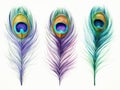 Watercolor Peacock Feather Isolated, Aquarelle Plumage, Creative Watercolor Exotic Feather Texture