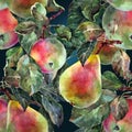 Watercolor pear with apple. Floral seamless pattern. Dark blue background.