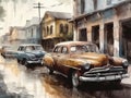 watercolor pencil drawing of classic cars in cuba - Generative AI